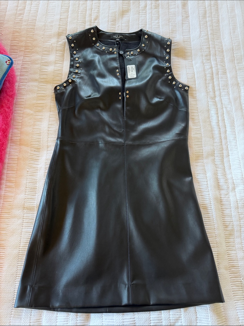 rag & bone Black Faux Leather Studded Zip Vest with Gold Tone Accents